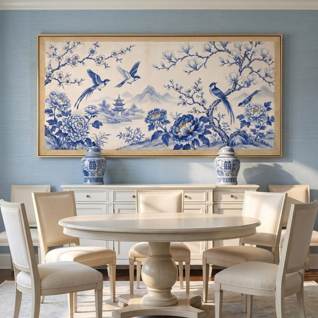 Chinoiserie Landscape Wall Art – Oversized Blue, White and Gold Panoramic Bird and Peony Canvas for Living Room - Sense for Decor