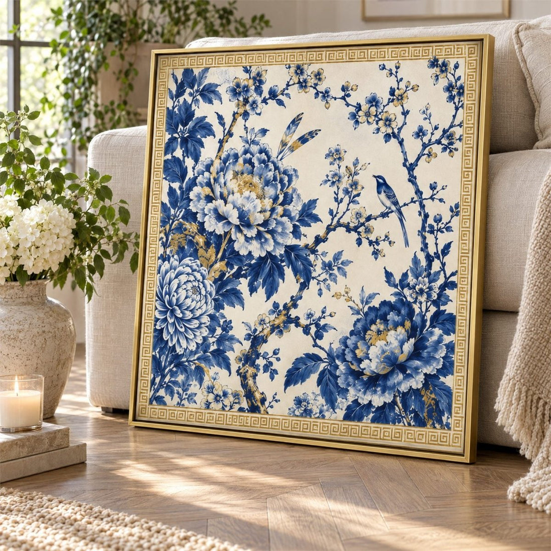 Chinoiserie Wall Art – Oversized Blue, White and Gold Floral Textured Look Canvas for Living Room - Sense for Decor
