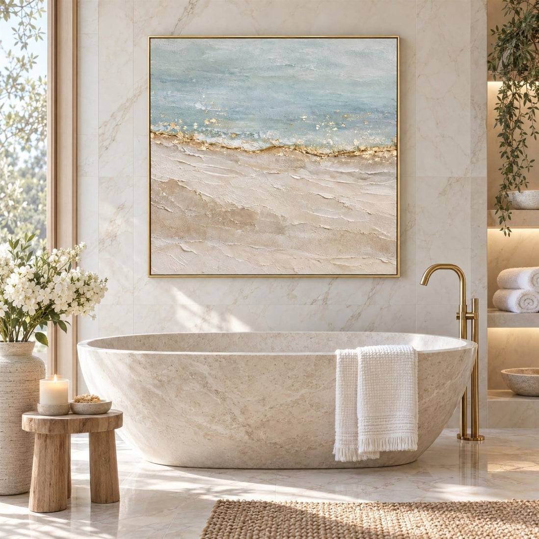 Coastal Wall Art – Oversized Blue and Gold Shoreline Abstract Textured Look Canvas for Living Room - Sense for Decor
