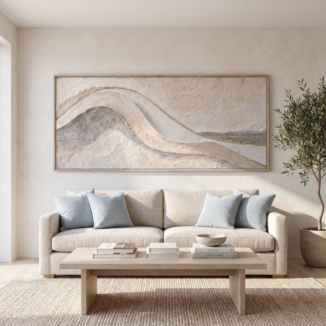 Coastal Wall Art – Oversized Panoramic Sculpted Wave Textured Look Canvas for Living Room - Sense for Decor