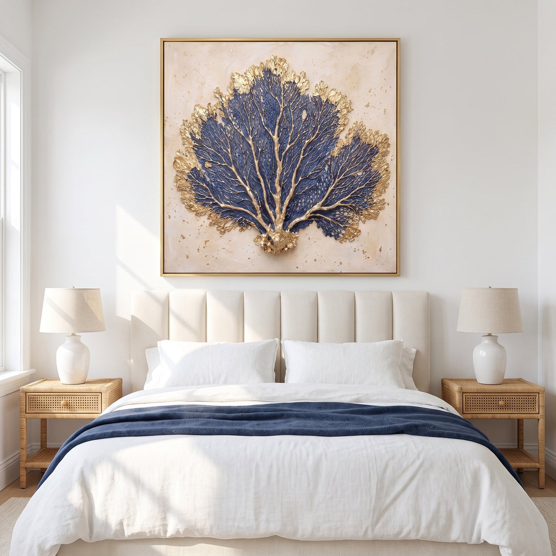 Cobalt sea fan wall art above the bed in a navy and white bedroom