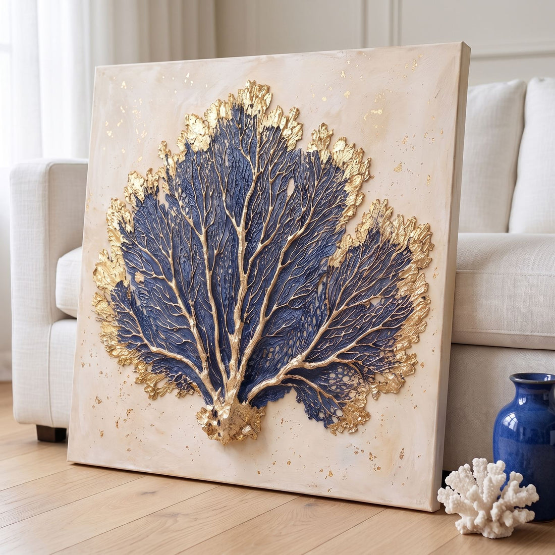 Close-up of the cobalt sea fan canvas showing gold leaf and sculpted texture