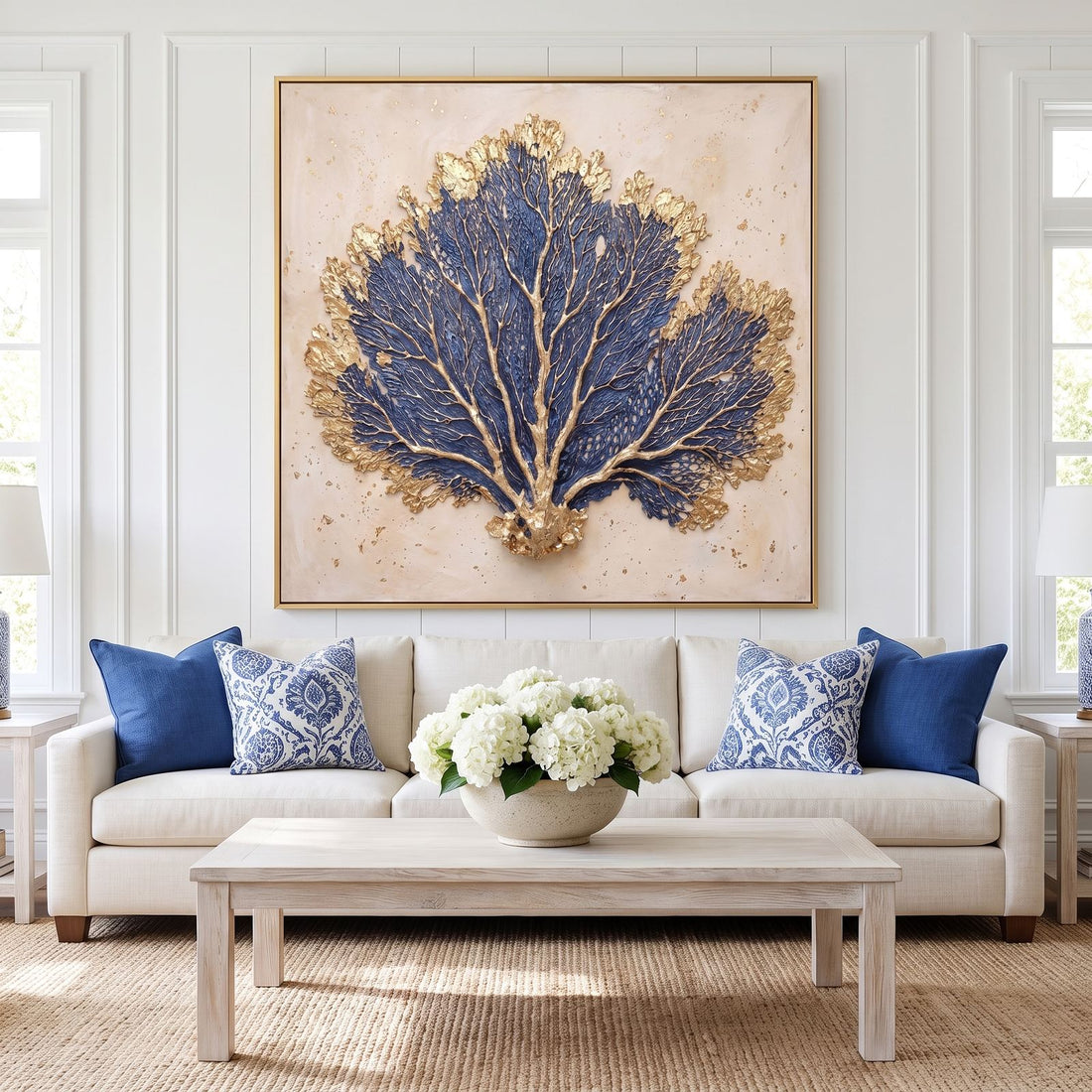 Cobalt blue and gold sea fan wall art above a cream sofa in a Hamptons living room