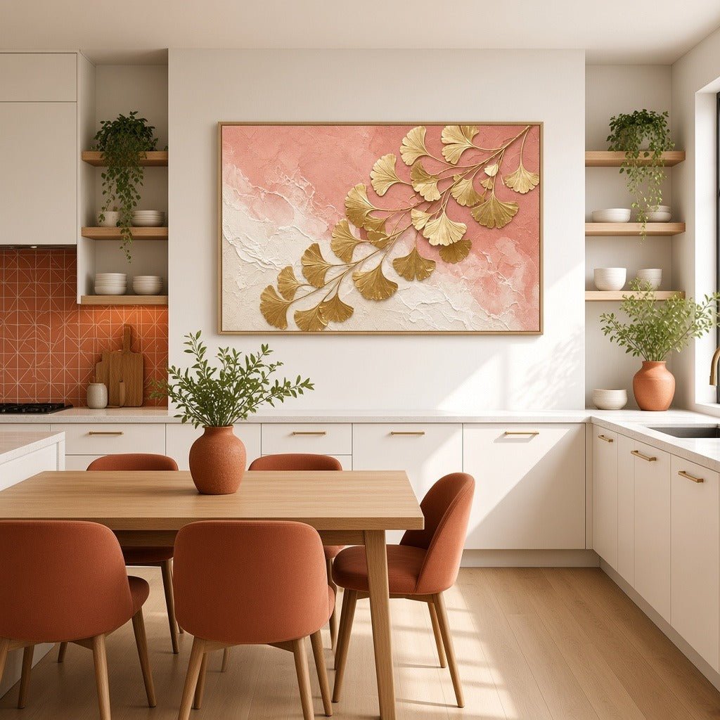 Coral and Gold Ginkgo Wall Art – Oversized Coral and Cream Abstract Leaf Textured Look Canvas for Living Room - Sense for Decor