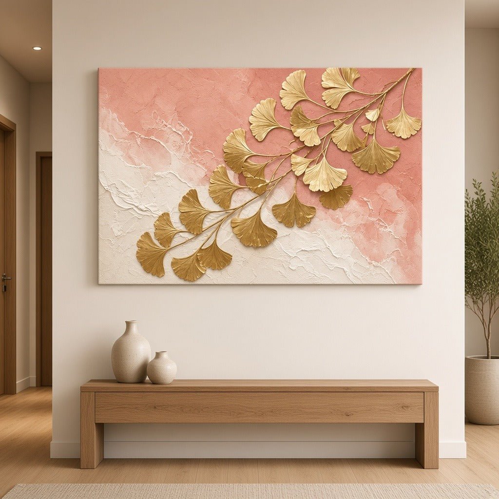 Coral and Gold Ginkgo Wall Art – Oversized Coral and Cream Abstract Leaf Textured Look Canvas for Living Room - Sense for Decor