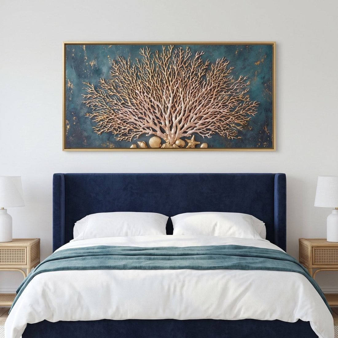 Coral Reef Wall Art – Oversized Gold and Teal Panoramic Sea Fan Textured Look Canvas for Living Room - Sense for Decor
