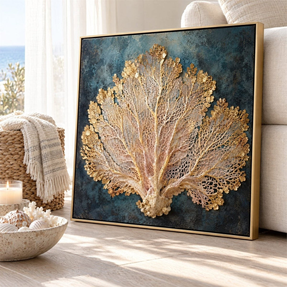 Coral Wall Art – Oversized Gold and Teal Sea Fan Textured Look Canvas for Living Room - Sense for Decor