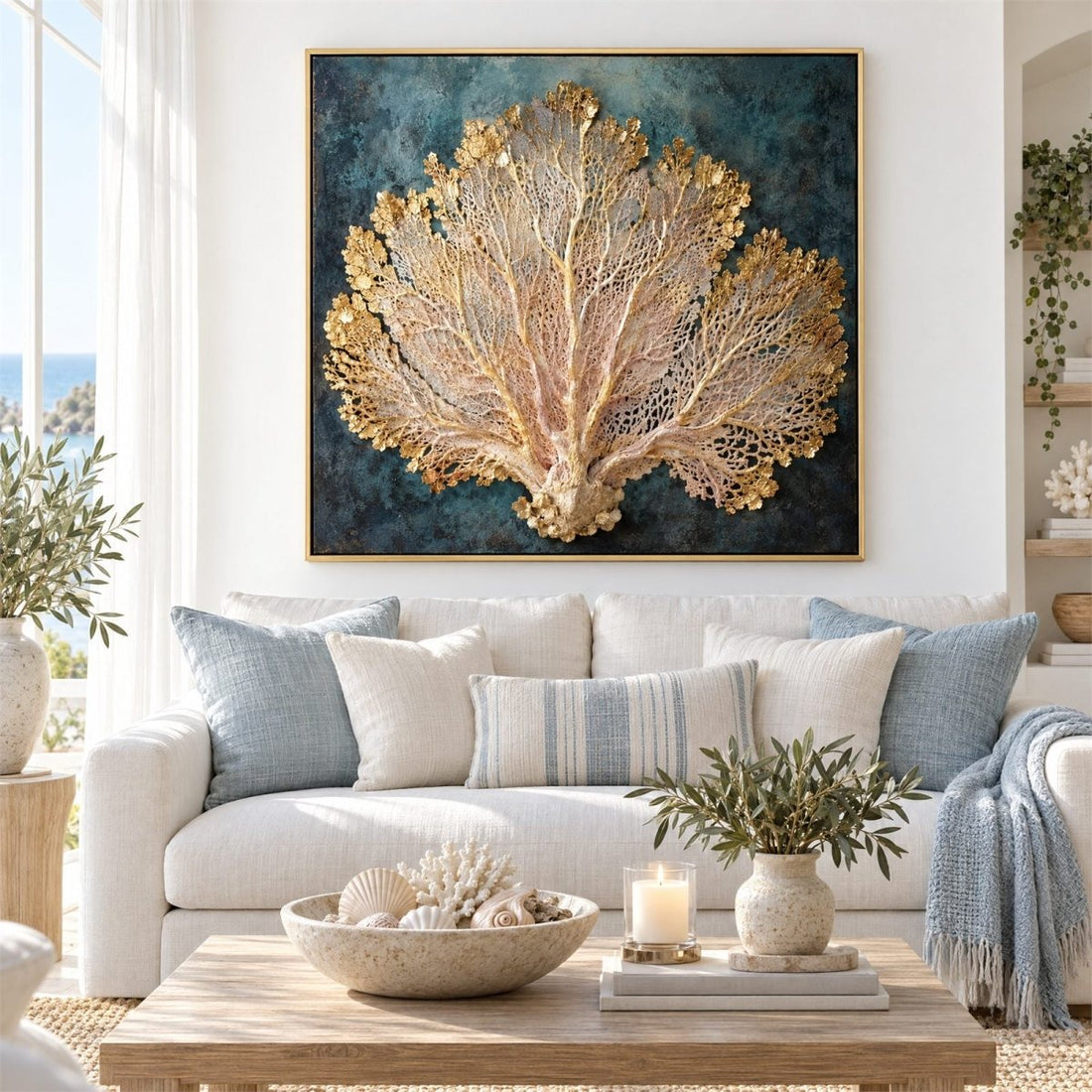 Coral Wall Art – Oversized Gold and Teal Sea Fan Textured Look Canvas for Living Room - Sense for Decor