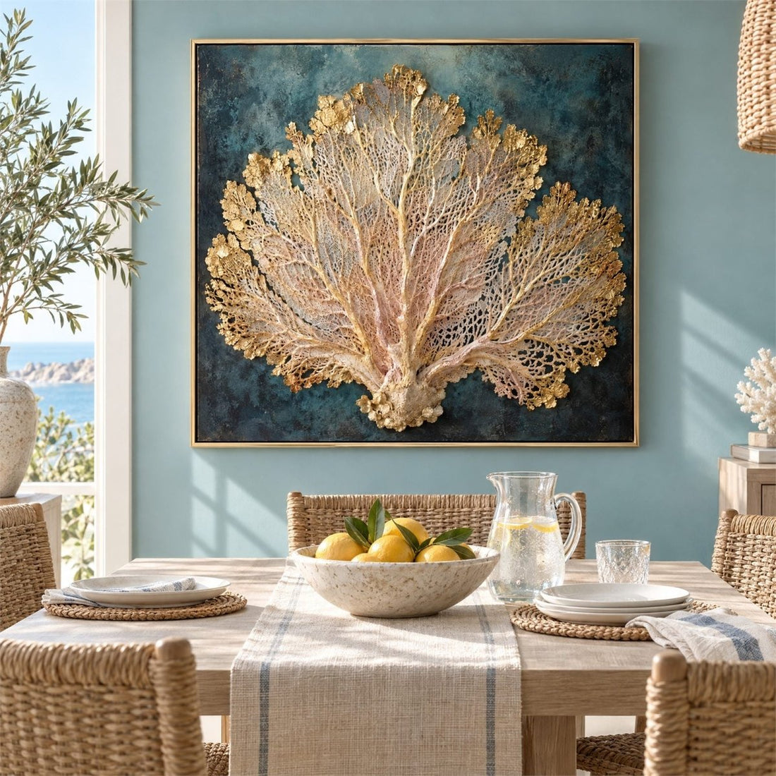Coral Wall Art – Oversized Gold and Teal Sea Fan Textured Look Canvas for Living Room - Sense for Decor