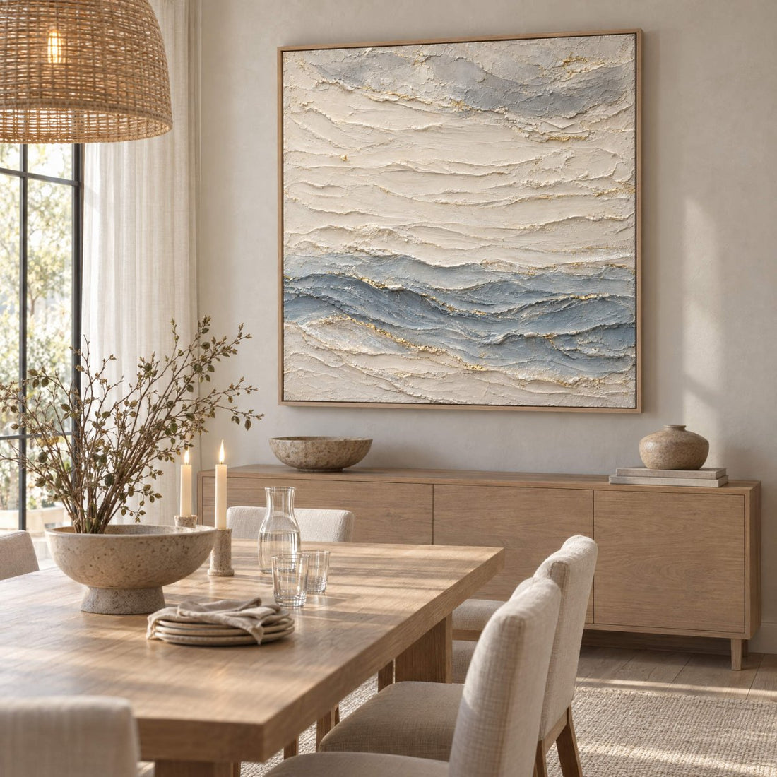 Cream and Blue Wall Art – Oversized Layered Wave Textured Look Canvas for Living Room and Bedroom - Sense for Decor