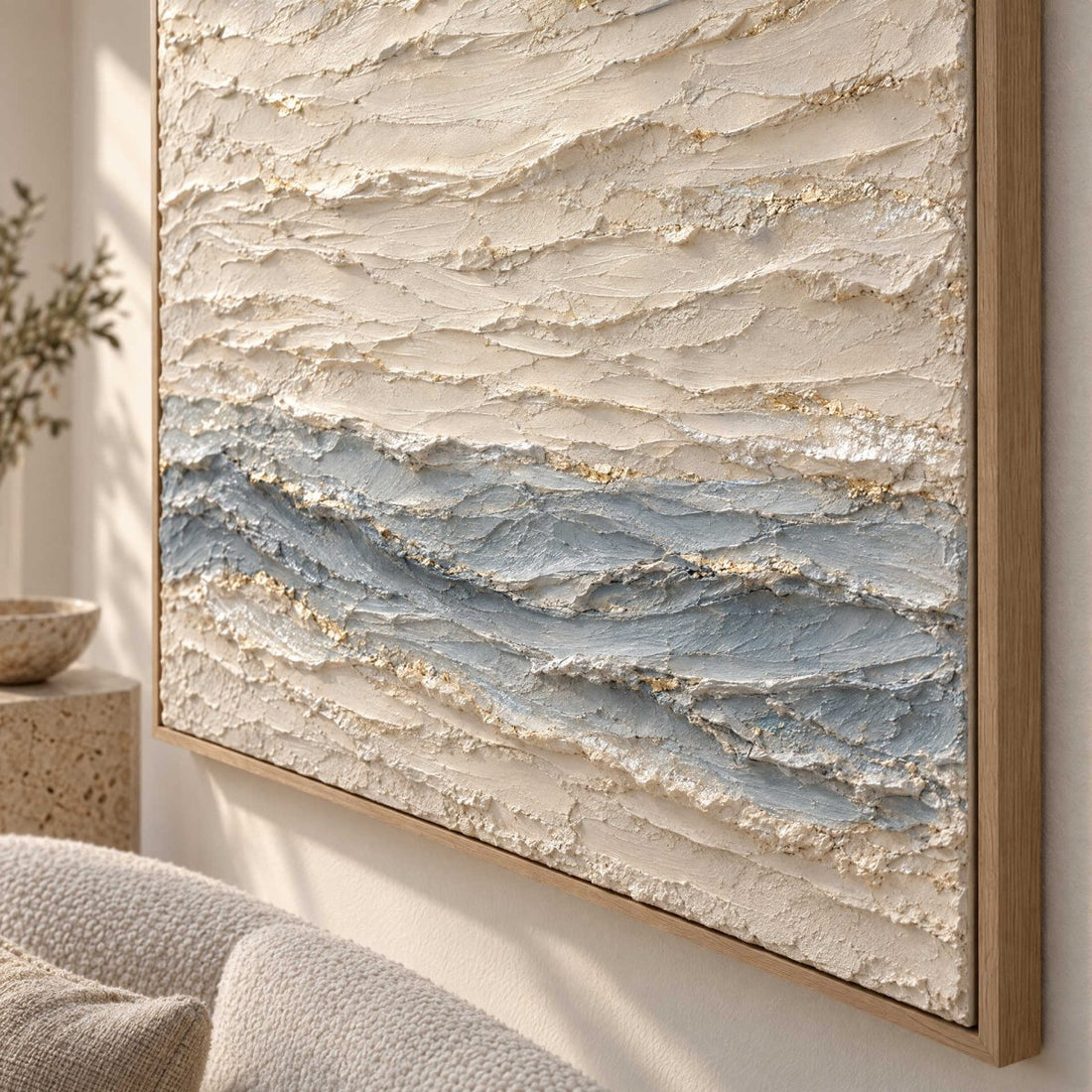 Cream and Blue Wall Art – Oversized Layered Wave Textured Look Canvas for Living Room and Bedroom - Sense for Decor