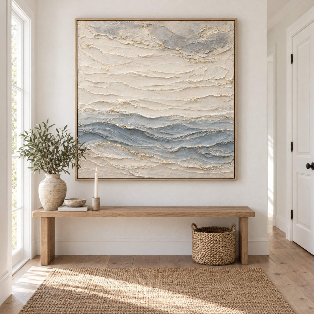 Cream and Blue Wall Art – Oversized Layered Wave Textured Look Canvas for Living Room and Bedroom - Sense for Decor