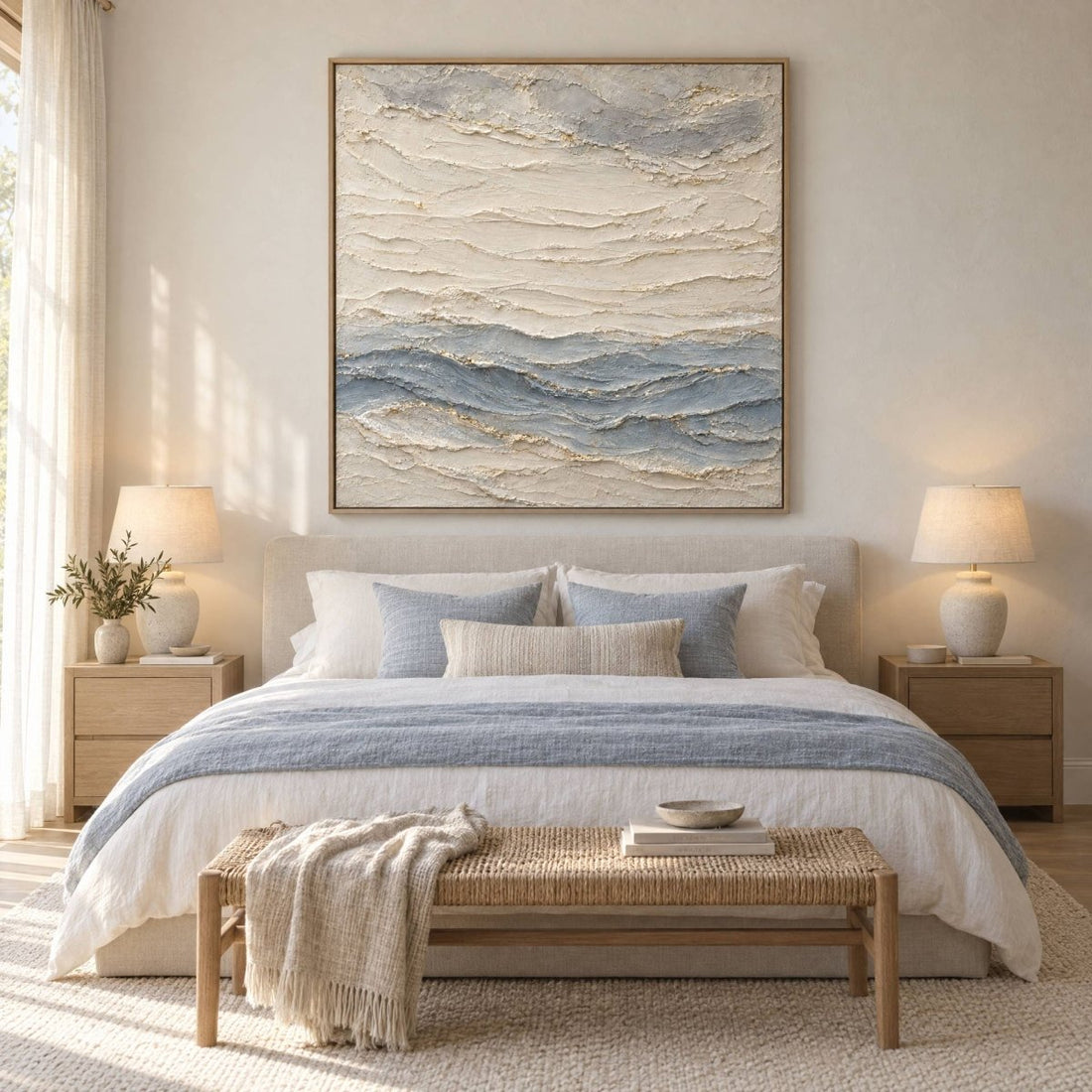 Cream and Blue Wall Art – Oversized Layered Wave Textured Look Canvas for Living Room and Bedroom - Sense for Decor