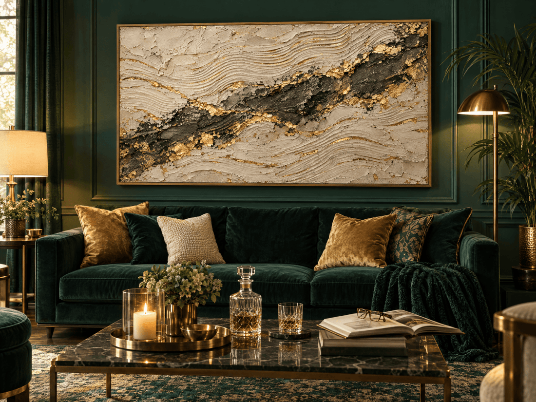 Cream and Gold Abstract Wall Art – Oversized Charcoal Seam Textured Look Canvas for Living Room - Sense for Decor