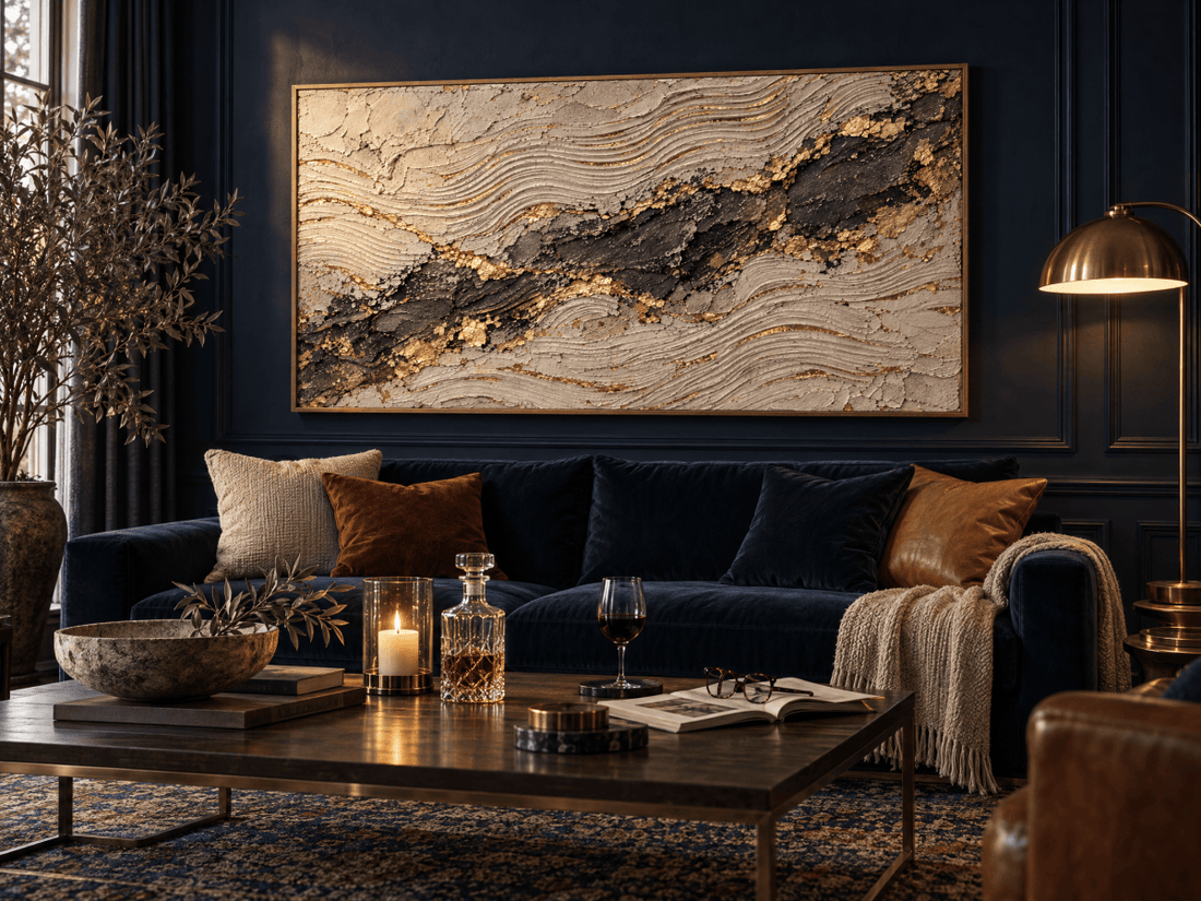 Cream and Gold Abstract Wall Art – Oversized Charcoal Seam Textured Look Canvas for Living Room - Sense for Decor