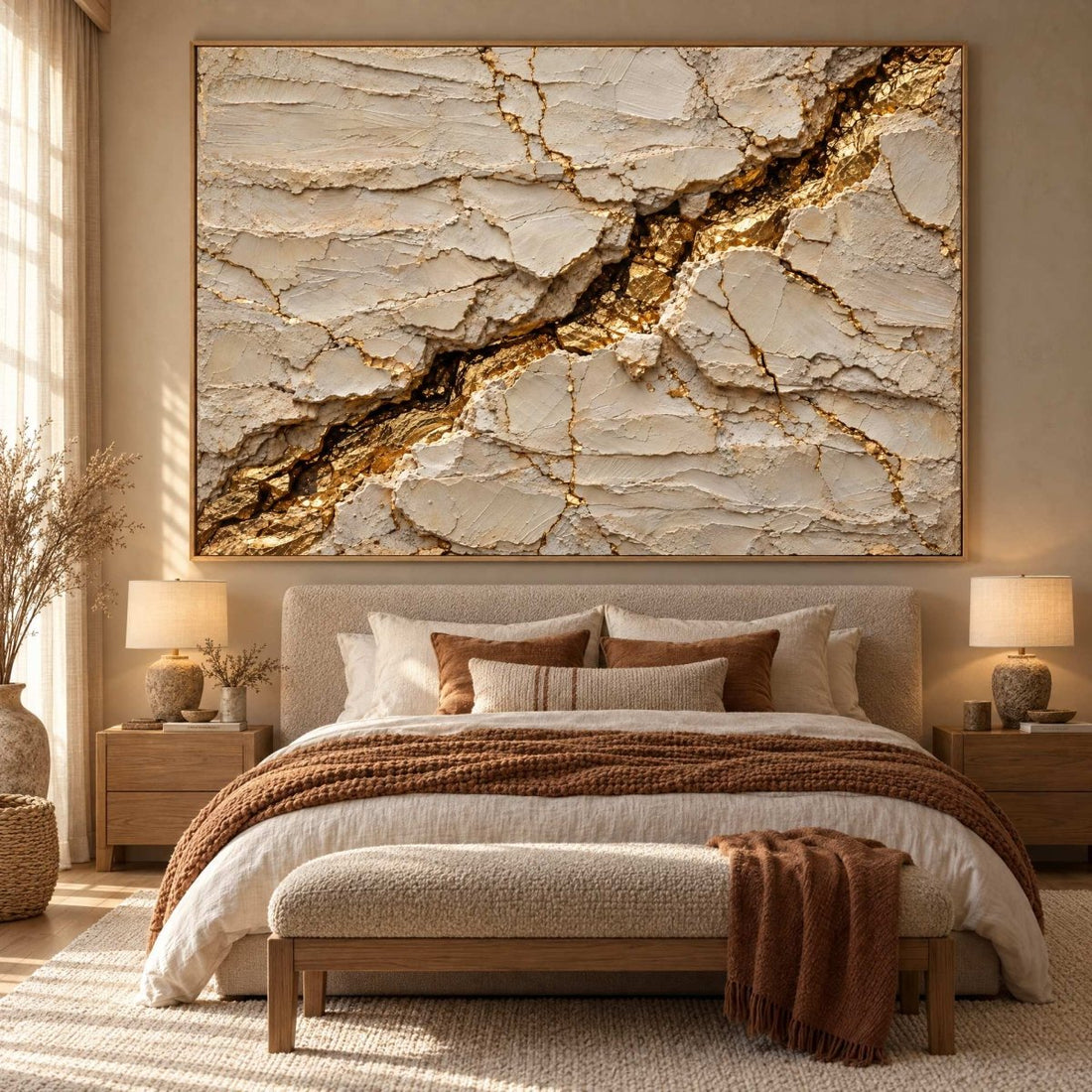 Cream and Gold Wall Art – Oversized Cracked Plaster Textured Look Canvas with Gold Seam for Living Room - Sense for Decor