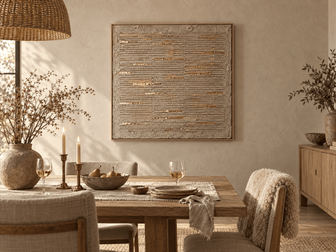 Cream and Gold Wall Art – Oversized Ridged Plaster Textured Look Canvas for Bedroom and Dining Room - Sense for Decor