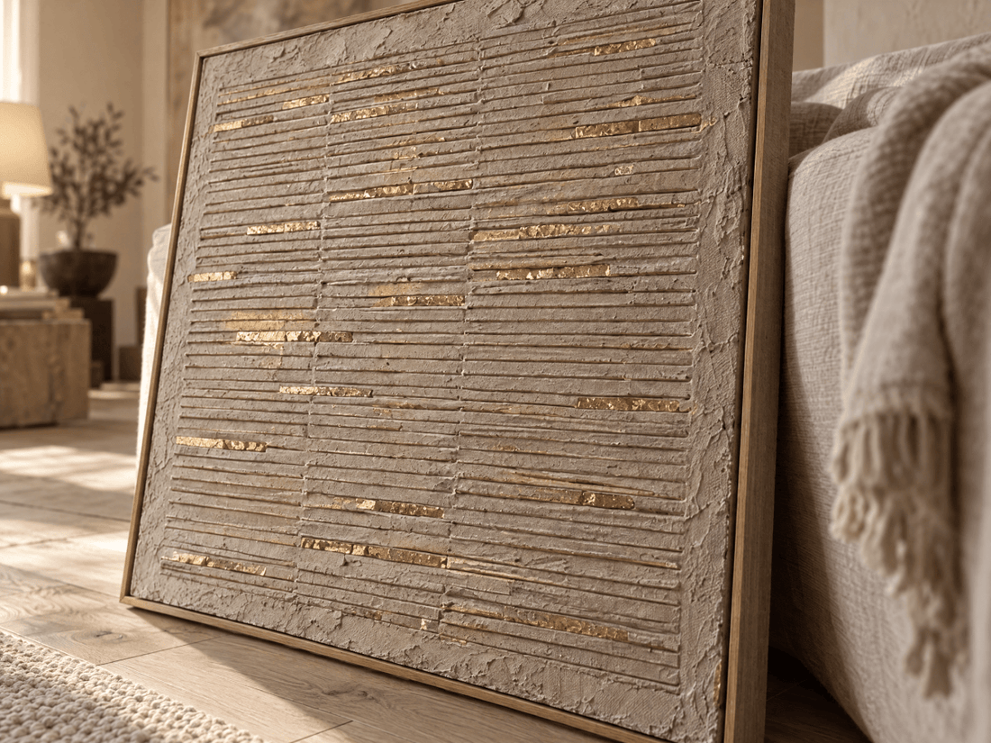 Cream and Gold Wall Art – Oversized Ridged Plaster Textured Look Canvas for Bedroom and Dining Room - Sense for Decor