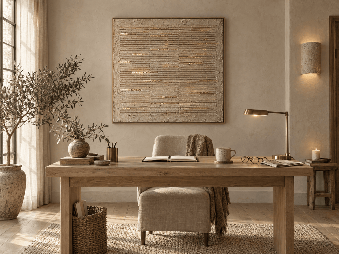 Cream and Gold Wall Art – Oversized Ridged Plaster Textured Look Canvas for Bedroom and Dining Room - Sense for Decor