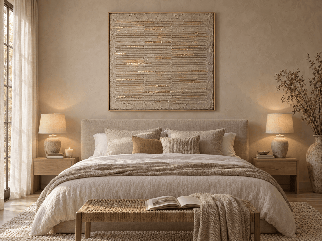 Cream and Gold Wall Art – Oversized Ridged Plaster Textured Look Canvas for Bedroom and Dining Room - Sense for Decor