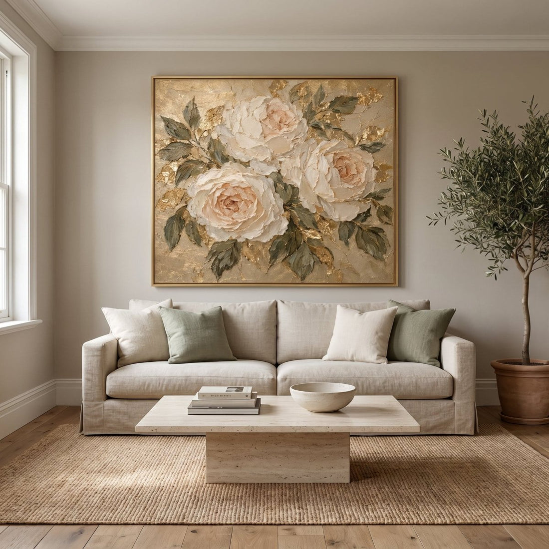 Cream Rose Wall Art – Oversized Garden Rose Textured Look Canvas for Bedroom and Living Room - Sense for Decor