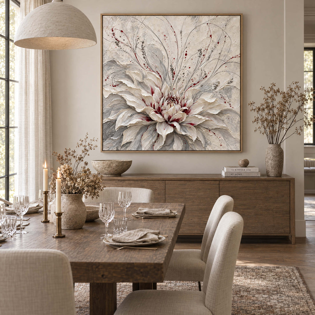 White and grey dahlia canvas above an oak sideboard in a dining room