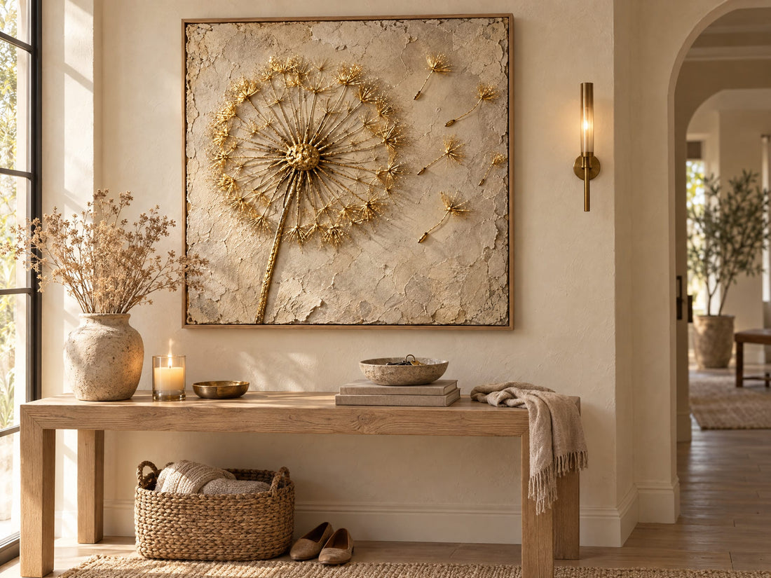 Dandelion canvas above a timber bench in a sunlit cream entryway