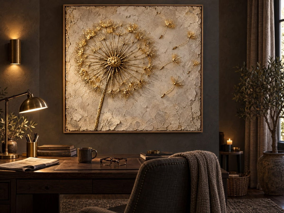 Dandelion Wall Art – Oversized Cream and Gold Textured Look Canvas for Living Room and Bedroom - Sense for Decor