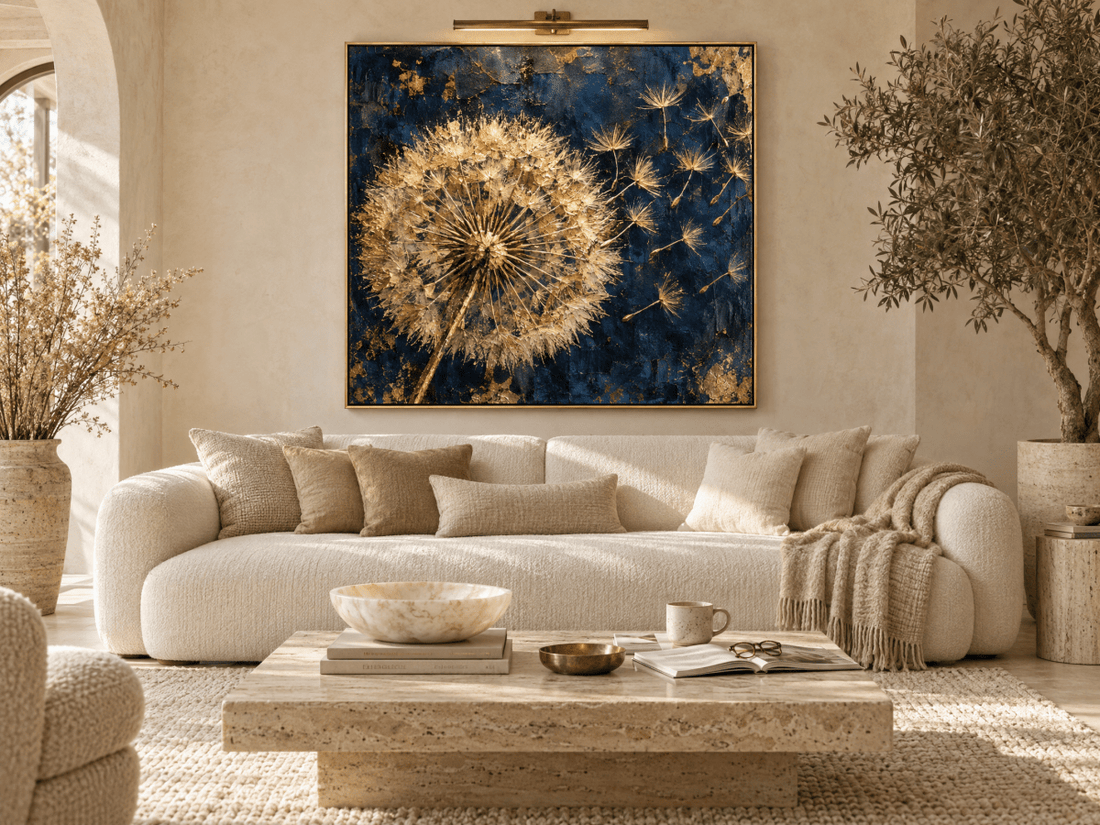 Dandelion Wall Art – Oversized Navy Blue and Gold Textured Look Canvas for Living Room and Bedroom - Sense for Decor