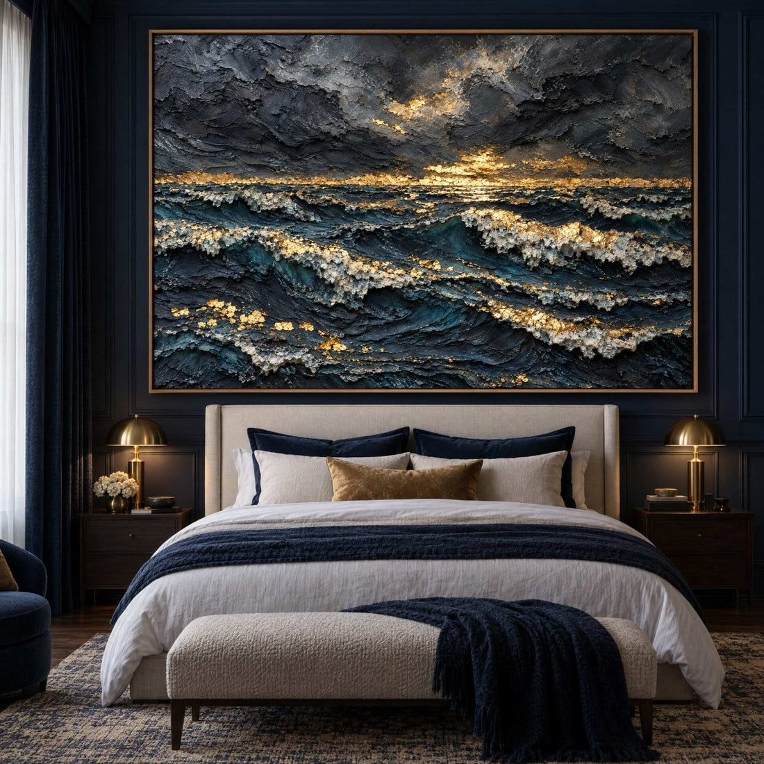 Dark Ocean Wall Art – Oversized Navy and Gold Stormy Sunset Textured Look Canvas for Living Room - Sense for Decor
