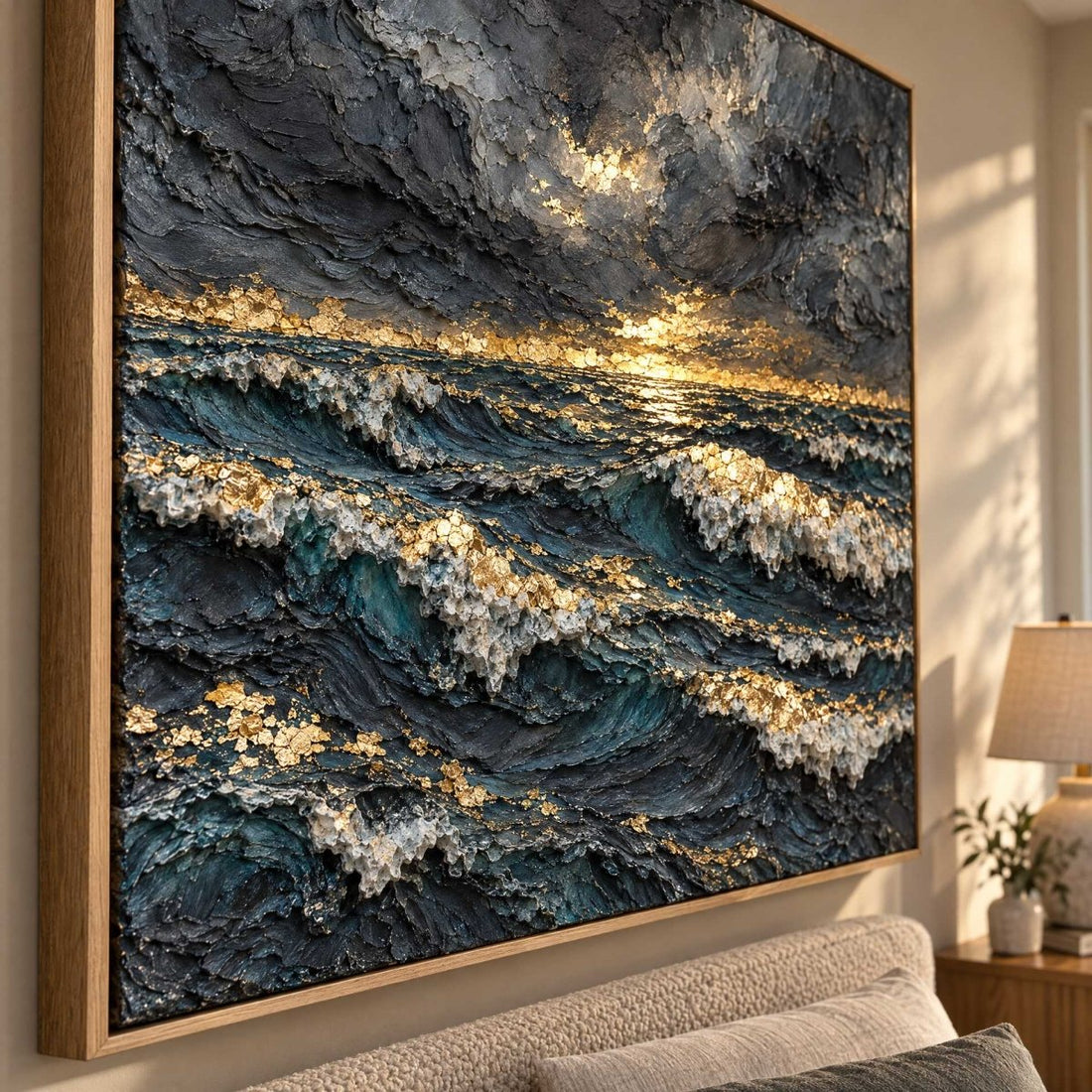 Dark Ocean Wall Art – Oversized Navy and Gold Stormy Sunset Textured Look Canvas for Living Room - Sense for Decor