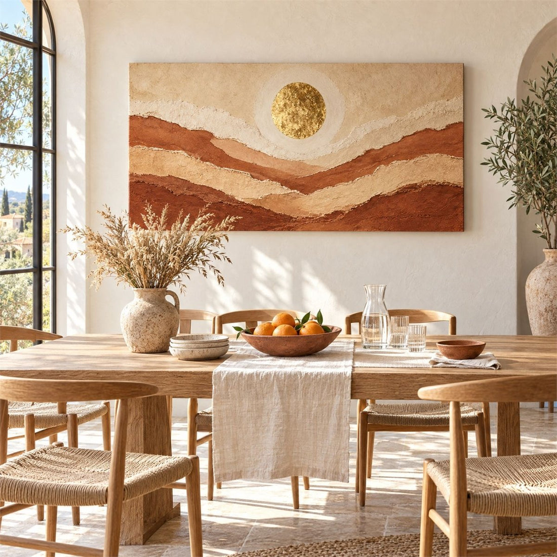 Desert Wall Art – Oversized Panoramic Rust and Gold Dune Sunset Textured Look Canvas for Living Room - Sense for Decor