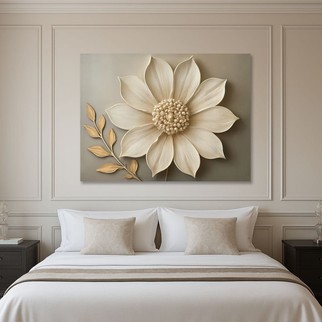 Elegant Beige Floral Wall Art Botanical Canvas Print with Golden Leaves - Sense for Decor