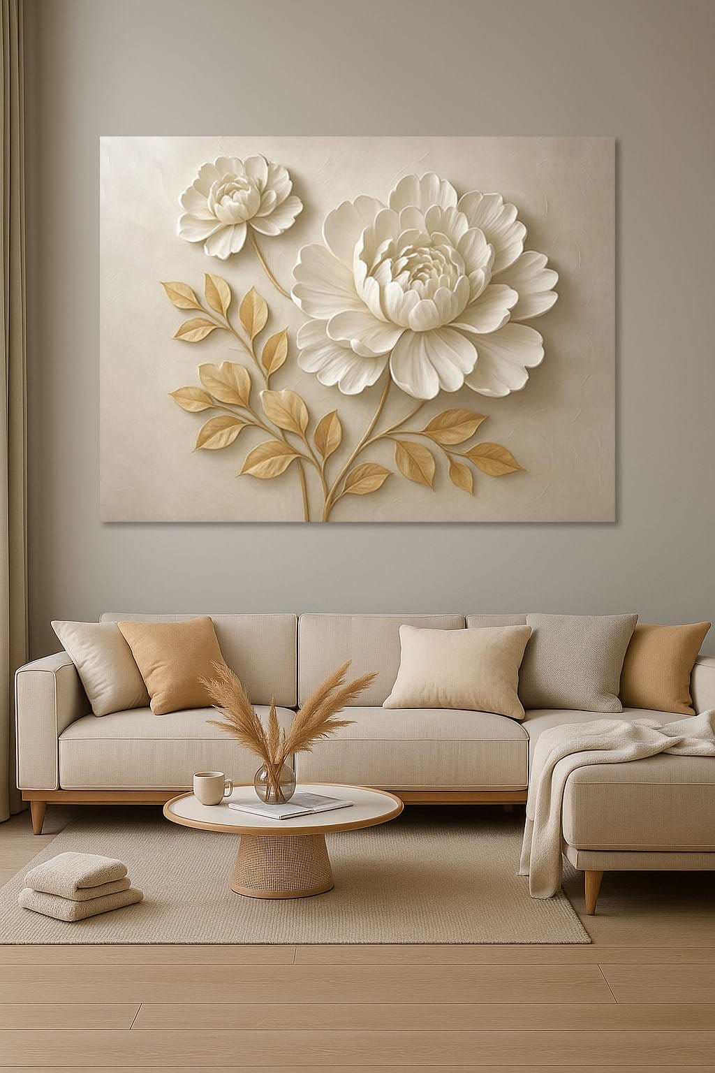 Elegant Beige Floral Wall Art Large Botanical Canvas Print with Golden Leaves - Sense for Decor