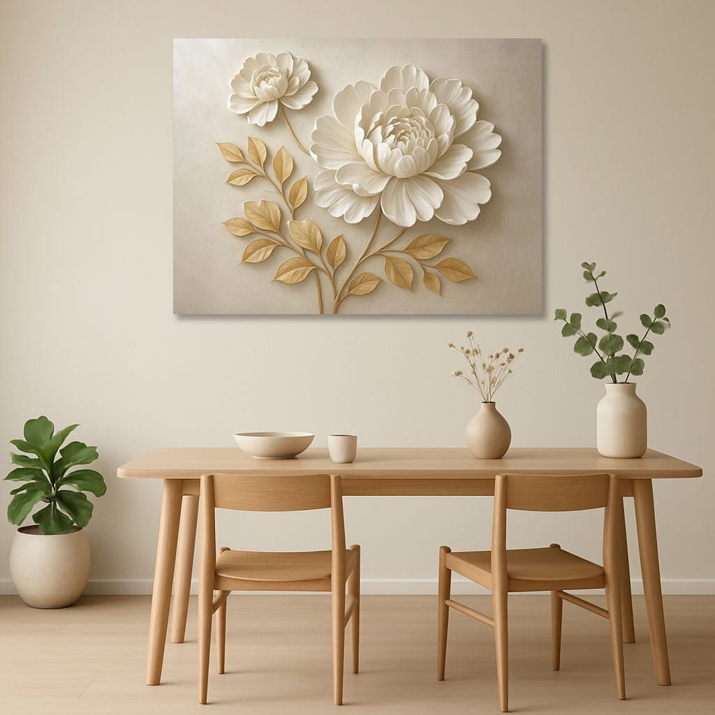Elegant Beige Floral Wall Art Large Botanical Canvas Print with Golden Leaves - Sense for Decor
