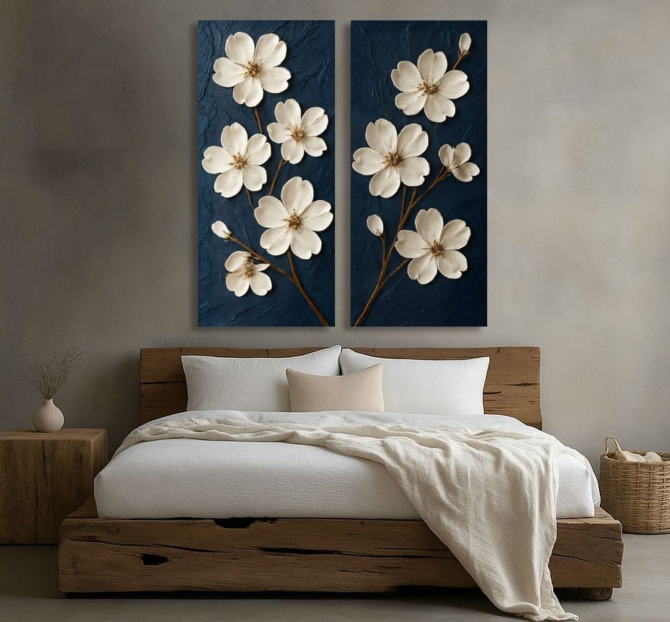 Elegant White Floral Wall Art on Navy Blue | Modern Botanical Canvas Print (2 Panel Set) - Sense for Decor