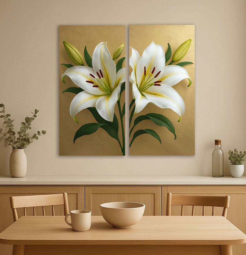 Elegant White Lily Wall Art Set 2 Panel Botanical Canvas Print on Gold Background - Sense for Decor