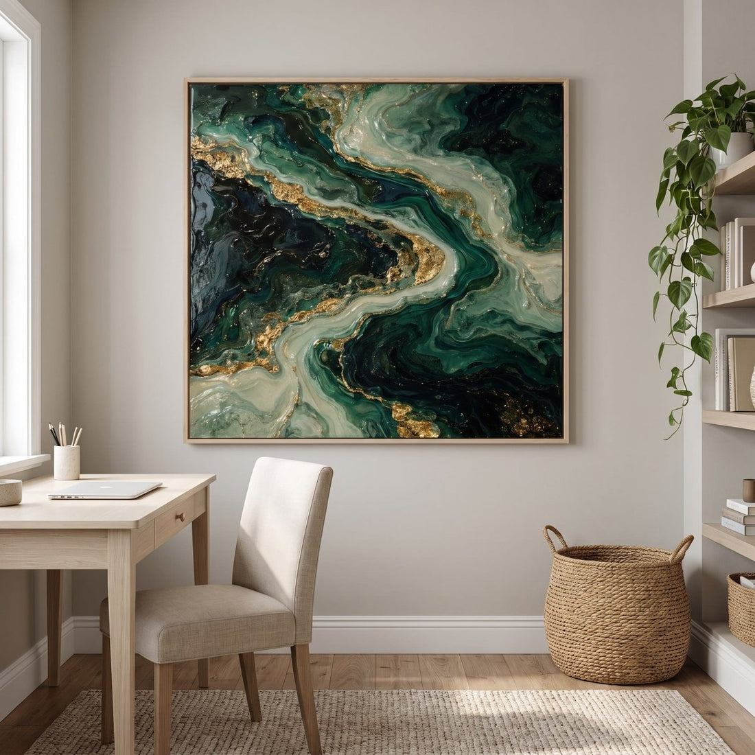 Emerald and Gold Wall Art – Oversized Abstract River Textured Look Canvas for Living Room - Sense for Decor