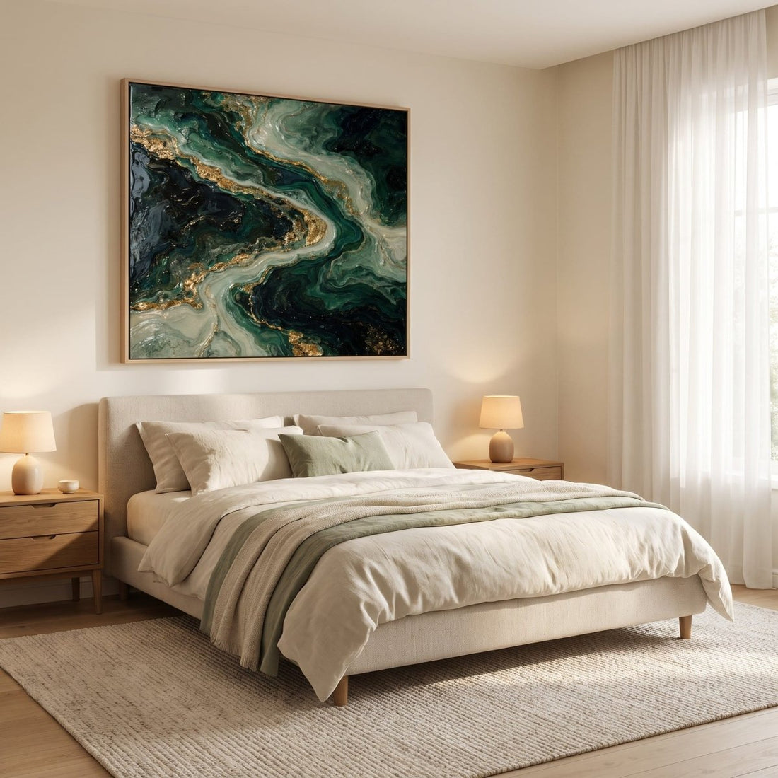 Emerald and Gold Wall Art – Oversized Abstract River Textured Look Canvas for Living Room - Sense for Decor