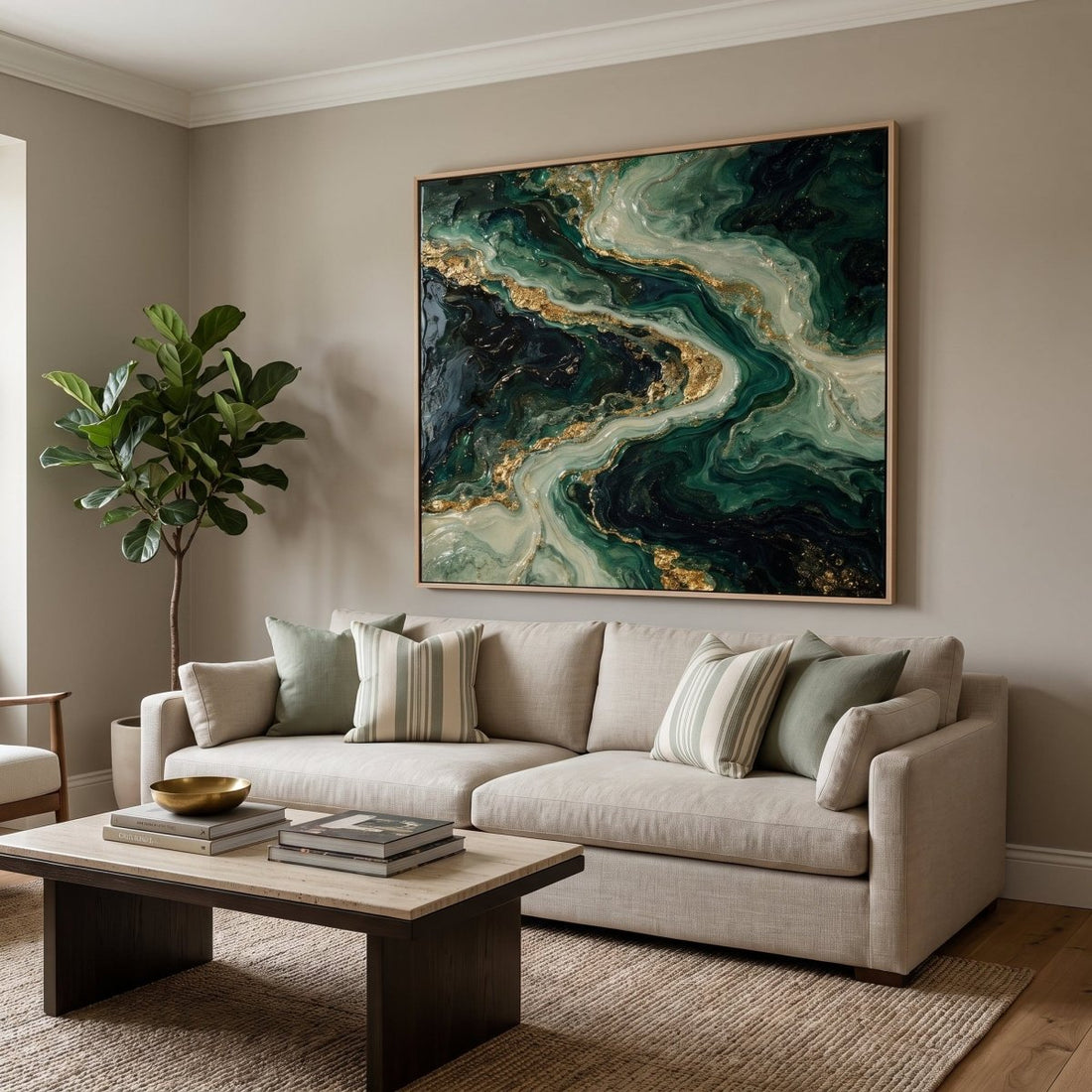 Emerald and Gold Wall Art – Oversized Abstract River Textured Look Canvas for Living Room - Sense for Decor