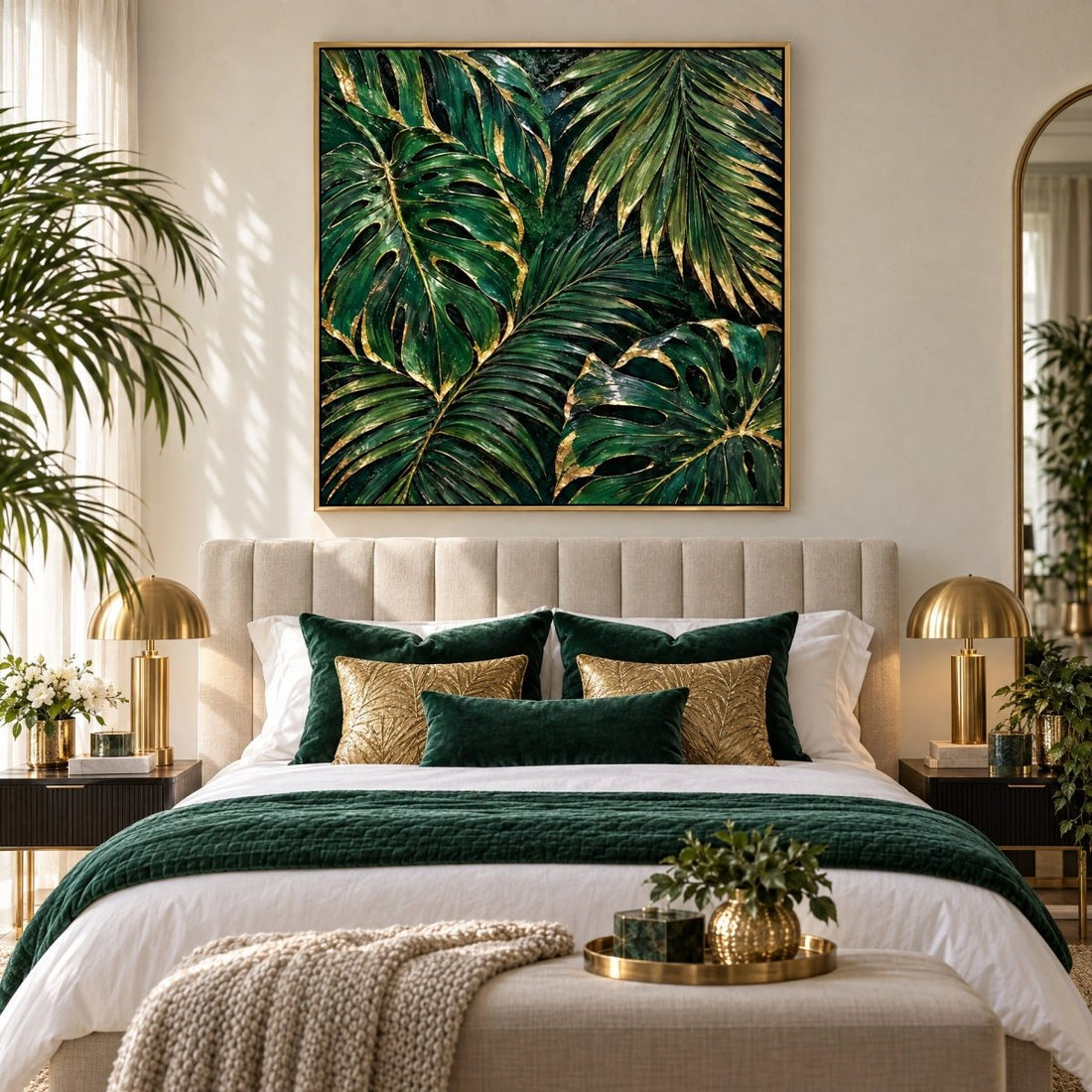 Emerald Green Wall Art – Oversized Tropical Palm and Monstera Leaf Textured Look Canvas for Living Room - Sense for Decor