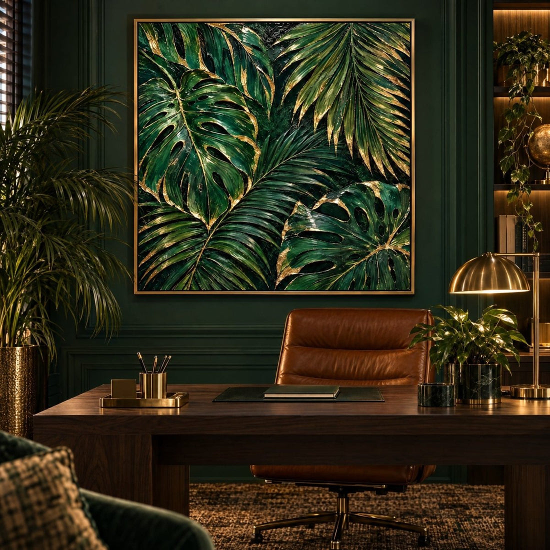 Emerald Green Wall Art – Oversized Tropical Palm and Monstera Leaf Textured Look Canvas for Living Room - Sense for Decor