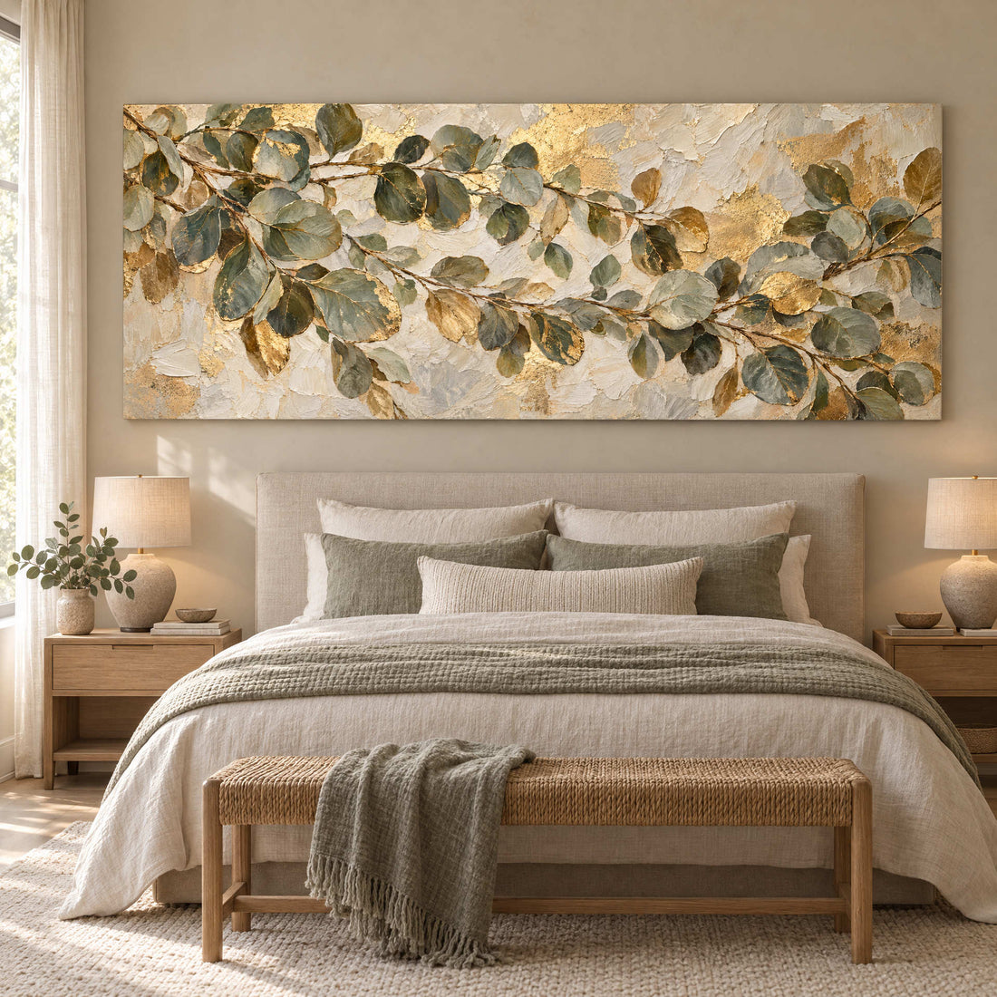 Eucalyptus canvas above a bed in a warm minimal bedroom with sage linen