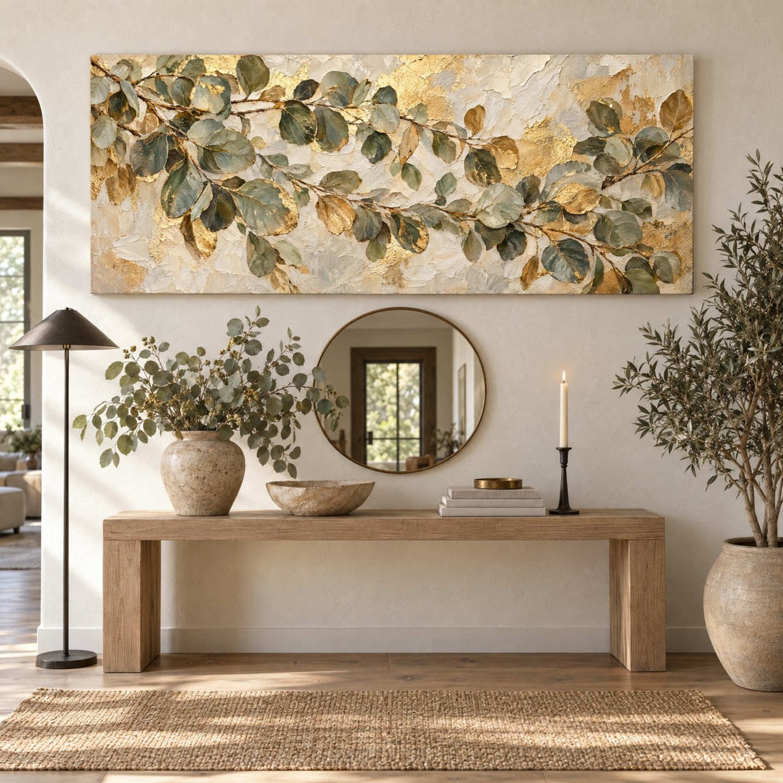 Eucalyptus Wall Art – Oversized Sage Green and Gold Textured Look Canvas for Living Room - Sense for Decor