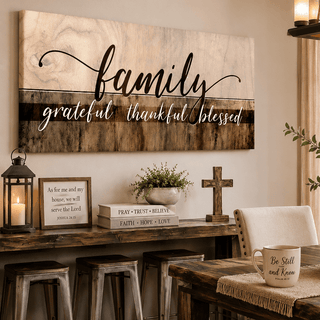 Family Wall Art: Family Grateful Thankful Blessed - Rustic Christian Canvas - Sense for Decor