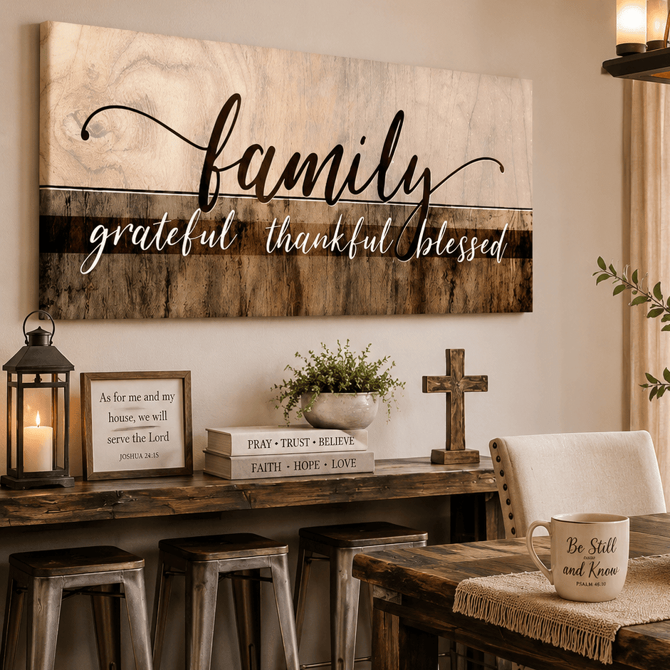 Family Wall Art: Family Grateful Thankful Blessed - Rustic Christian Canvas - Sense for Decor