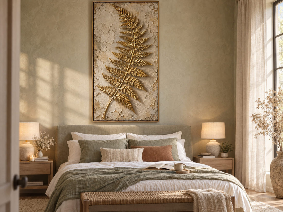 Tall gold fern canvas above a bed in a sage green bedroom