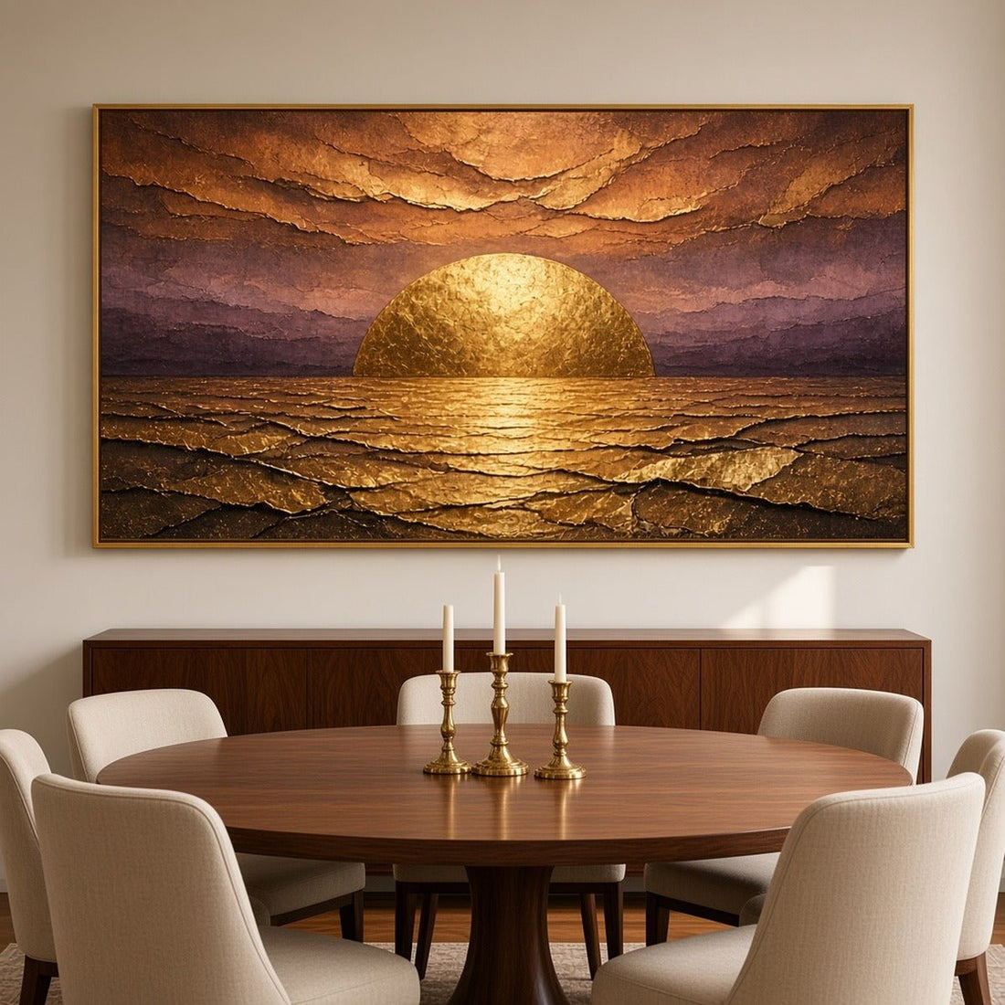 Gilded Dawn Wall Art – Oversized Panoramic Plum and Gold Sunrise Textured Look Canvas for Living Room - Sense for Decor