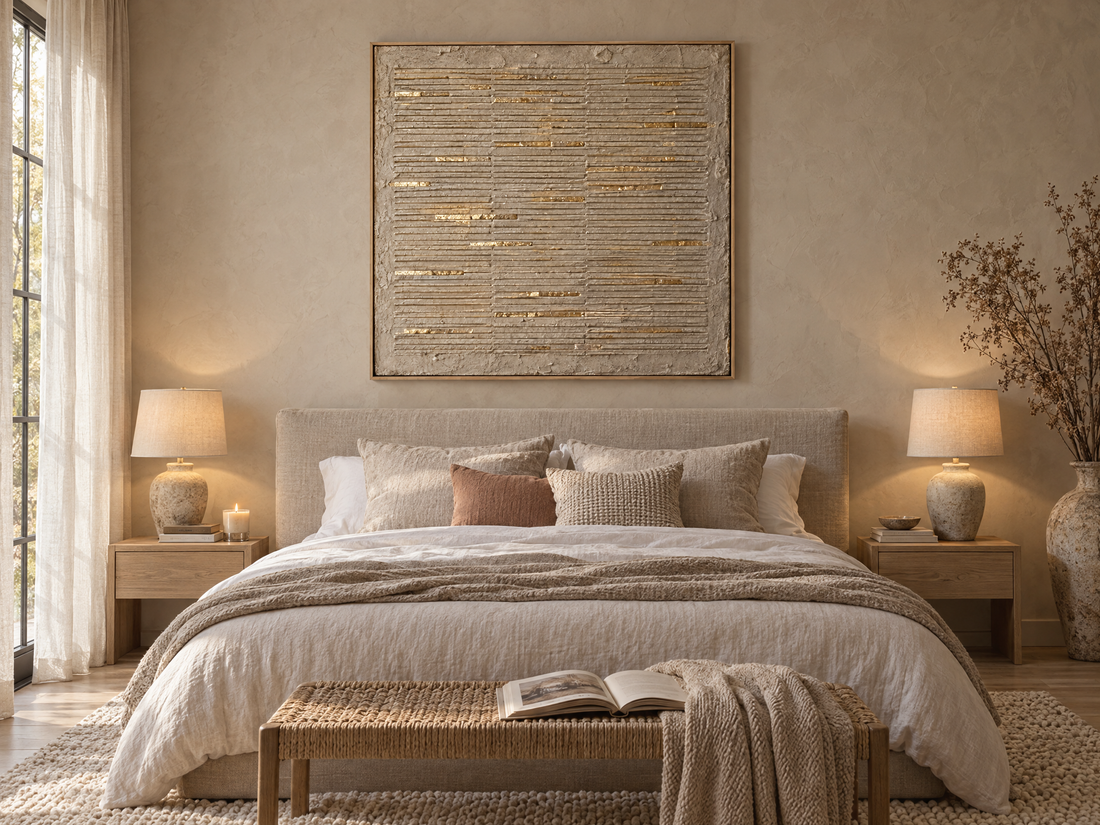 Cream and gold ridged plaster canvas above an upholstered bed