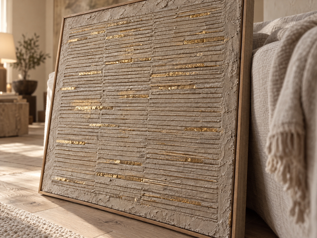 Close up of the combed plaster ridges with gold leaf pressed into the grooves